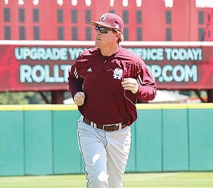 Mississippi State coach John Cohen runs off the field following Saturday's 2-1 loss to Alabama. The Bulldogs will play in the SEC Tournament Tuesday night against Georgia. (Bill Simmonds/Mississippi State Sports Information)