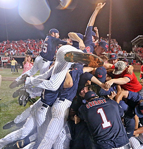 Ole Miss players celebrate after beating Louisiana-Lafayette in Game 3 of an NCAA super regional on Monday. Ole Miss advanced to the College World Series for the first time since 1972. (Ole Miss Sports Information)
