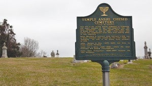 A marker recounts the history of the Anshe Chesed Cemetery at 2414 Grove St.