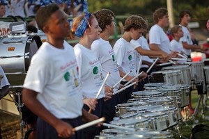 The Warren Central Big Blue Band drumline plays during the second quarter of the Warren Central game Friday evening during the annual Red Carpet Bowl at Memorial Stadium. (Justin Sellers/The Vicksburg Post)