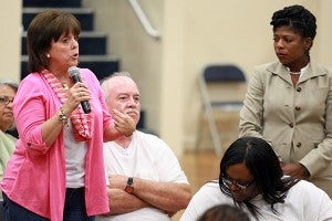 Debbie Freeman, a former educator at South Park and Bowmar elementary schools, speaks Thursday night during a meeting held by the U.S. Department of Education's Office for Civil Rights to conduct a survey among parents in the Vicksburg Warren School District. (Justin Sellers/The Vicksburg Post)