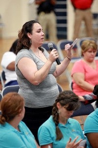 Lauren Wilkes, who has two children in the Vicksburg Warren School District, speaks Thursday night during a meeting held by the U.S. Department of Education's Office for Civil Rights to conduct a survey among parents in the VWSD. (Justin Sellers/The Vicksburg Post)