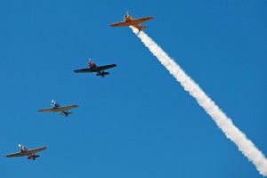 Airplanes pass overhead in formation Friday afternoon during the Southern Heritage Air Show at Vicksburg-Tallulah Regional Airport. (Justin Sellers/The Vicksburg Post)