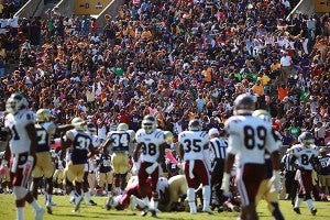 A packed stadium of Alcorn State fans cheer after a fumble recovery during their homecoming game against Texas Southern University Saturday afternoon at Jack Spinks-Marino Casem Stadium. (Justin Sellers/The Vicksburg Post)