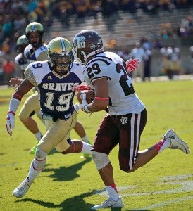 Alcorn State junior defensive back Anthony Williams Jr. closes in to make a tackled against Texas Southern senior running back Le Tevin Wilcox Saturday afternoon at Jack Spinks-Marino Casem Stadium. (Justin Sellers/The Vicksburg Post)