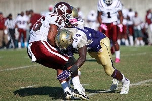 Alcorn State senior linebacker Corey Williams tackles Texas Southern junior wide receiver Steve Carpenter Saturday afternoon at Jack Spinks-Marino Casem Stadium. (Justin Sellers/The Vicksburg Post)