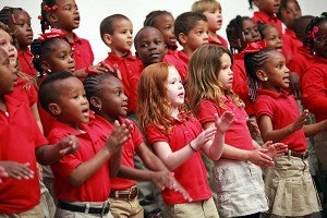 Sherman Avenue kindergartners sing Saturday in the Vicksburg Mall during Vicksburg-Warren School District's Showcase of Schools. (Justin Sellers/The Vicksburg Post)