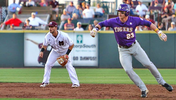 LSU’s Jake Fraley (23) takes a lead off second base as Mississippi State shortstop Ryan Gridley lurks during Thursday’s game in Starkville. (Bill Simmonds/Mississippi State Athletics)