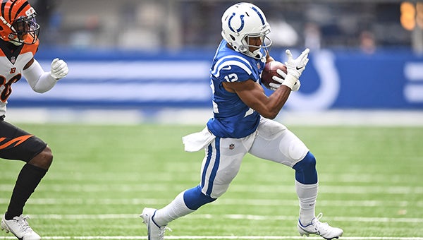 Indianapolis Colts wide receiver De'Michael Harris (12) in action